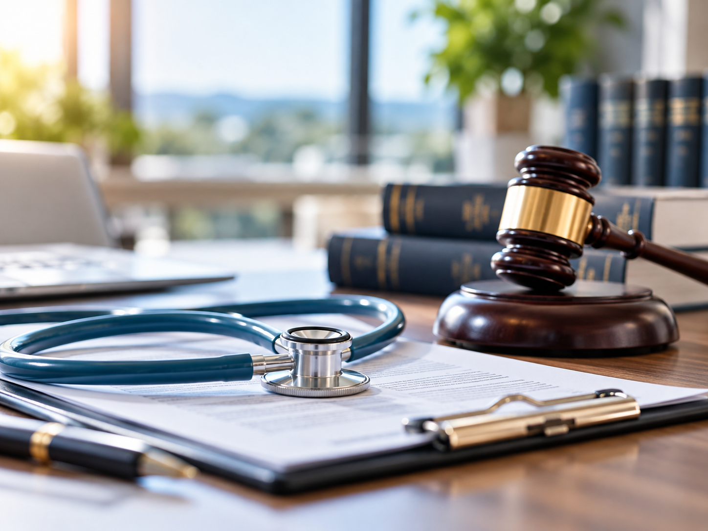 Judge’s gavel beside stethoscope and clipboard on desk, with books in a bright office