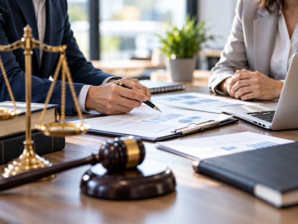 Two people reviewing documents at a law office desk with a gavel and scales of justice
