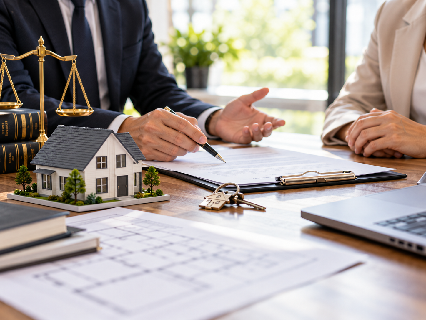 Lawyer and client discussing a house sale at a desk with scale, documents, and laptop