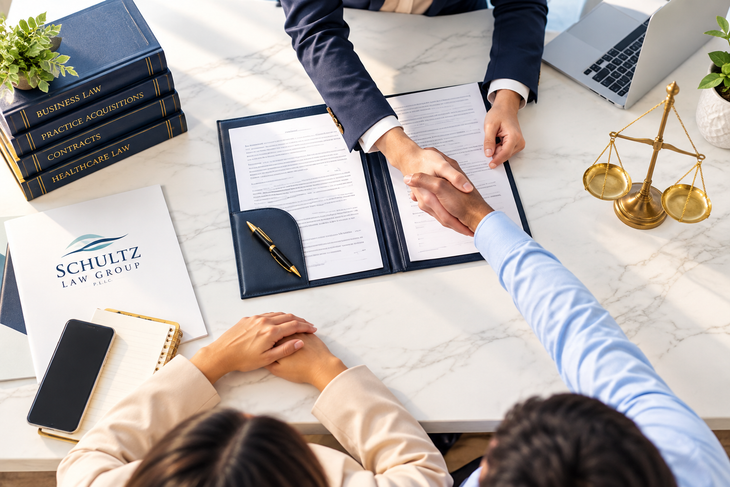 Attorney and clients shaking hands over signed acquisition documents