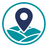 Teal location pin over stylized blue-green landscape inside a circular border