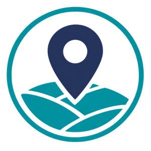 Teal location pin over stylized blue-green landscape inside a circular border