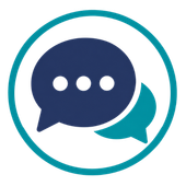 Two overlapping chat bubbles in dark blue and teal inside a turquoise circle outline