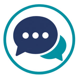 Two overlapping chat bubbles in dark blue and teal inside a turquoise circle outline
