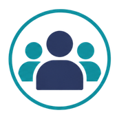 Three-person teal and navy team icon inside a teal circle