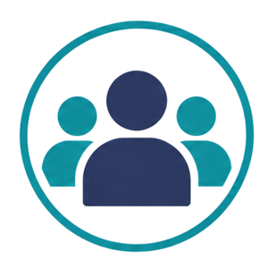 Three-person teal and navy team icon inside a teal circle