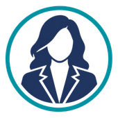 Blue female avatar icon in a teal circle with a business suit silhouette