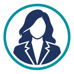 Blue female avatar icon in a teal circle with a business suit silhouette