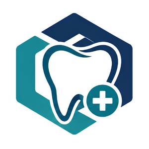 Dental care logo with white tooth outline, teal and navy hexagon, and a medical plus symbol