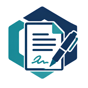 Document signing icon with teal and navy clipboard, pen, and signature line