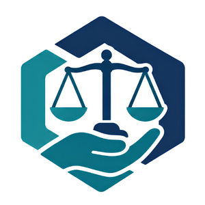 Scales of justice above a cupped hand, in teal and navy hexagon logo