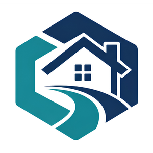 Stylized teal and navy house logo with a curved path on a white background