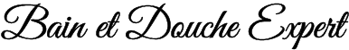 Logo en écriture cursive noire indiquant « Bain et Douche Expert » sur fond blanc