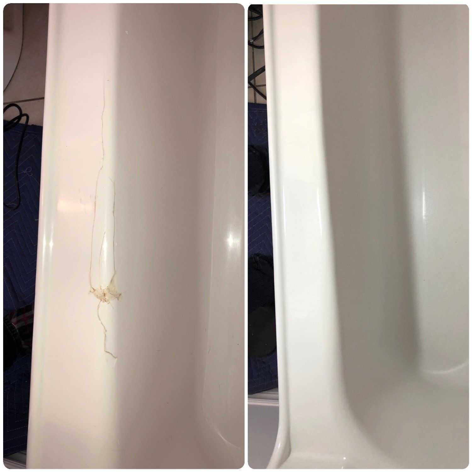 Gros plan sur le rebord d'une baignoire blanche présentant une fissure et de la peinture écaillée près du joint.