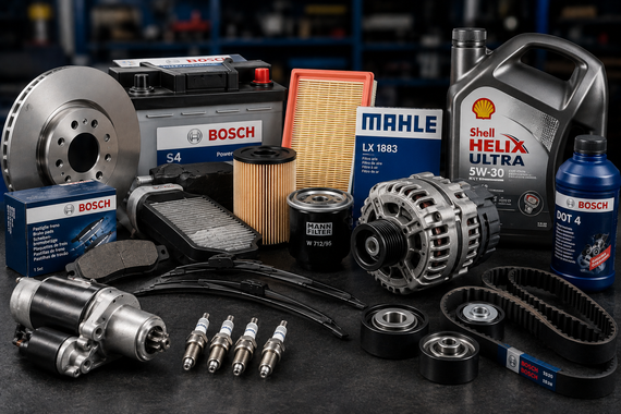 Vari ricambi e filtri per auto con i marchi BOSCH, MAHLE e HELIX su sfondo scuro