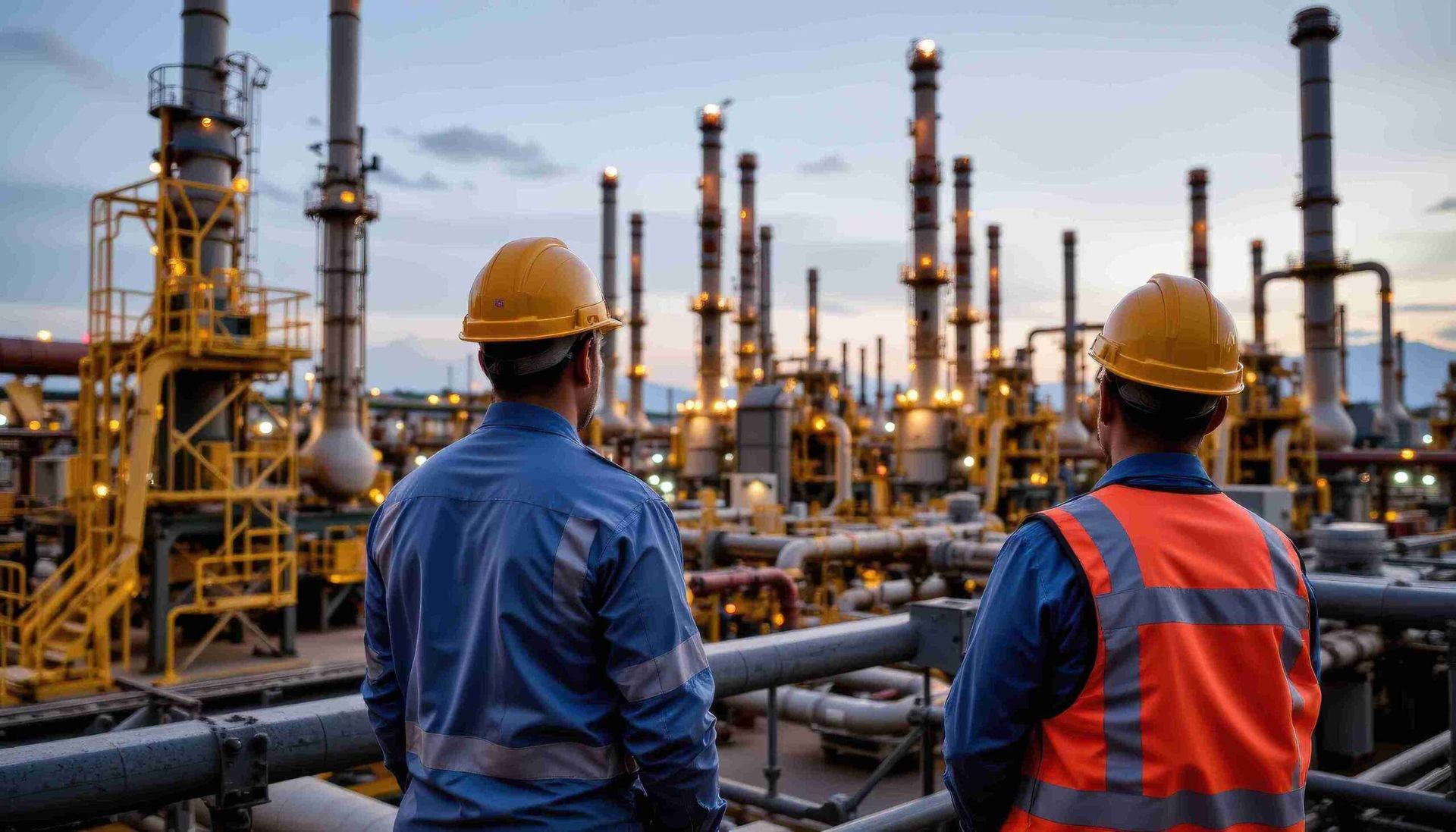 Two workers in hard hats overlooking an industrial oil refinery at dusk