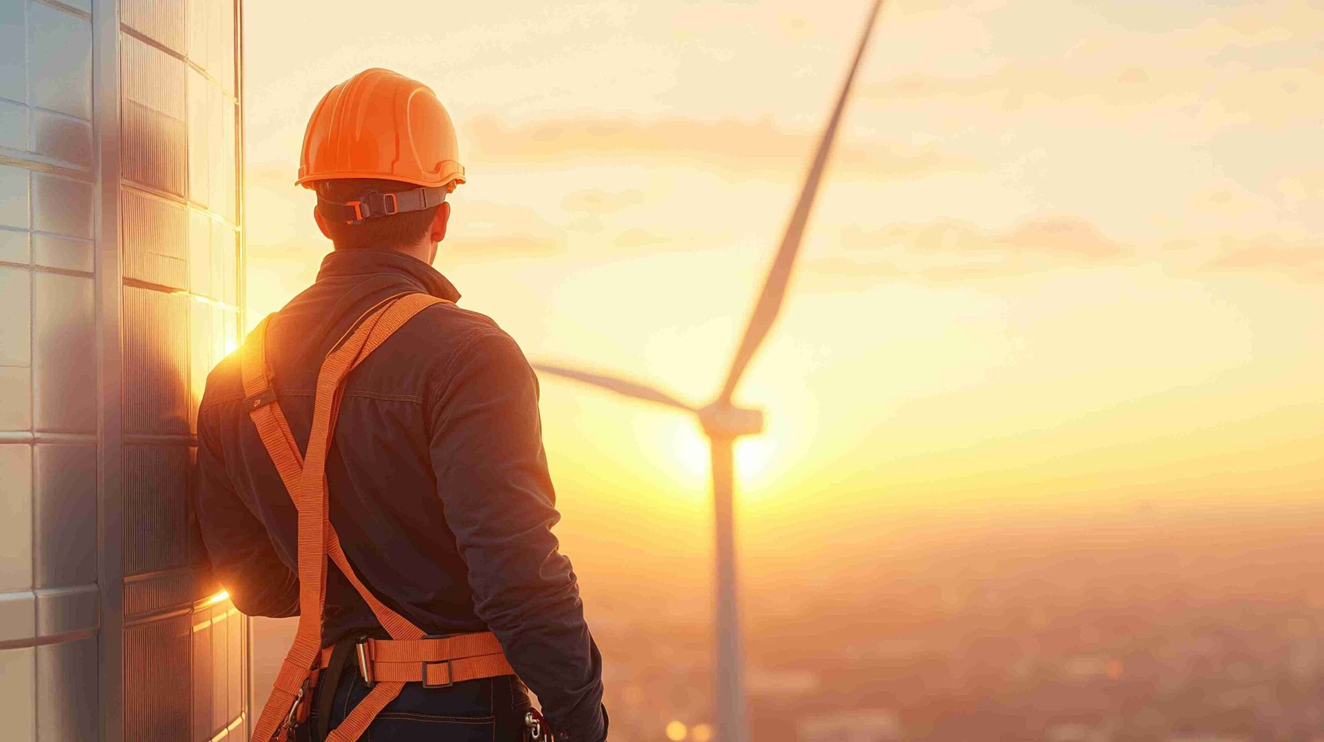 Worker in hard hat and safety harness overlooking wind turbines at sunrise