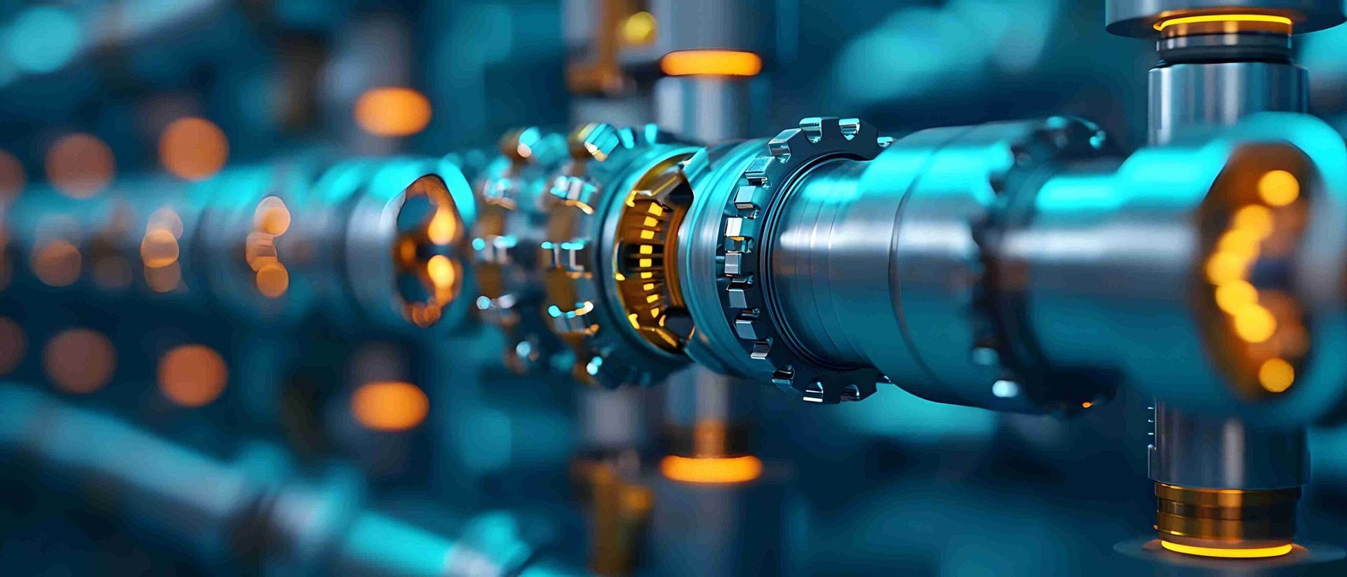 Close-up of glowing blue industrial machinery with metal pipes and orange indicator lights