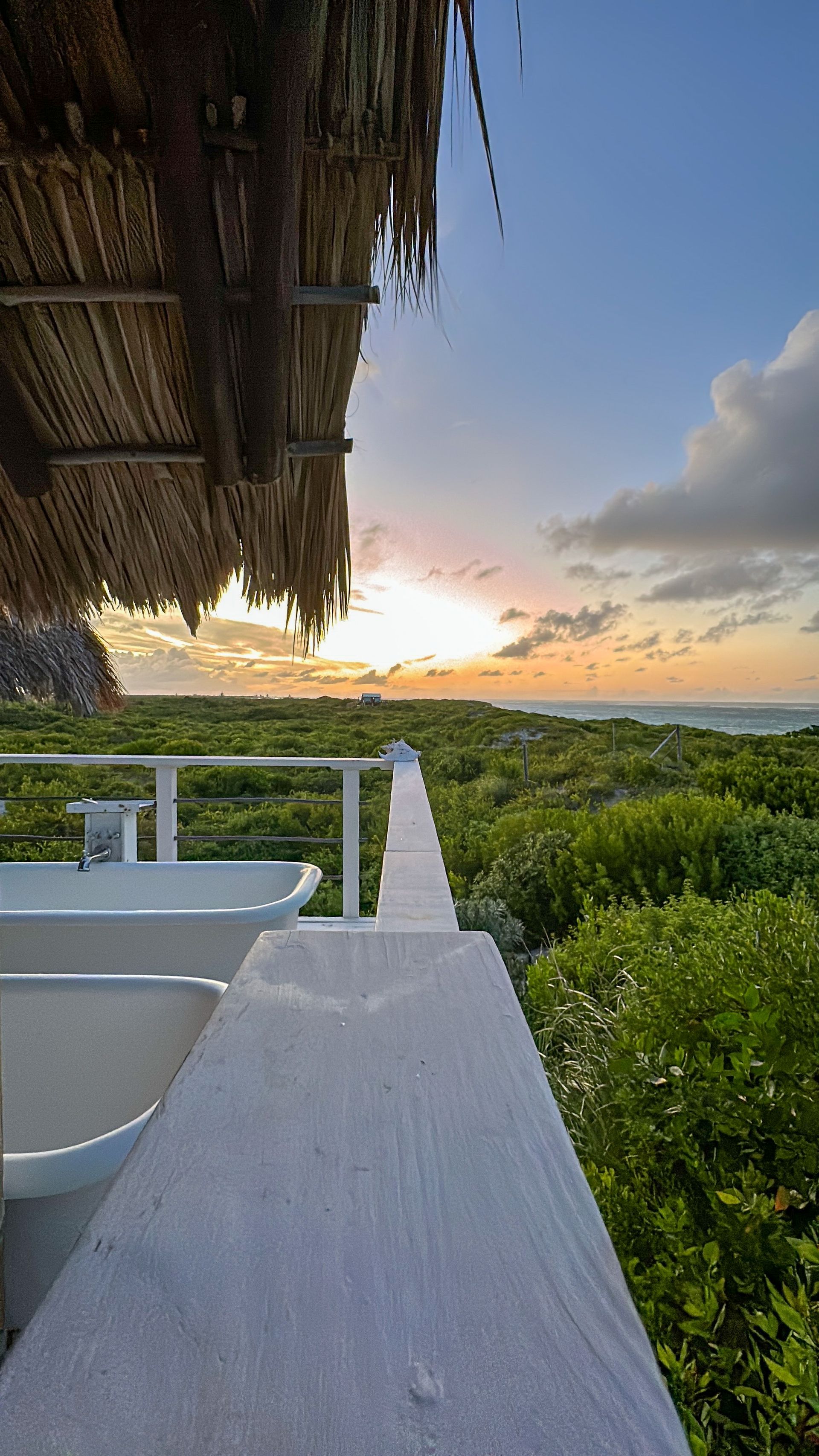 White railing overlooks lush greenery towards a sunset, viewed from beneath a thatched roof.