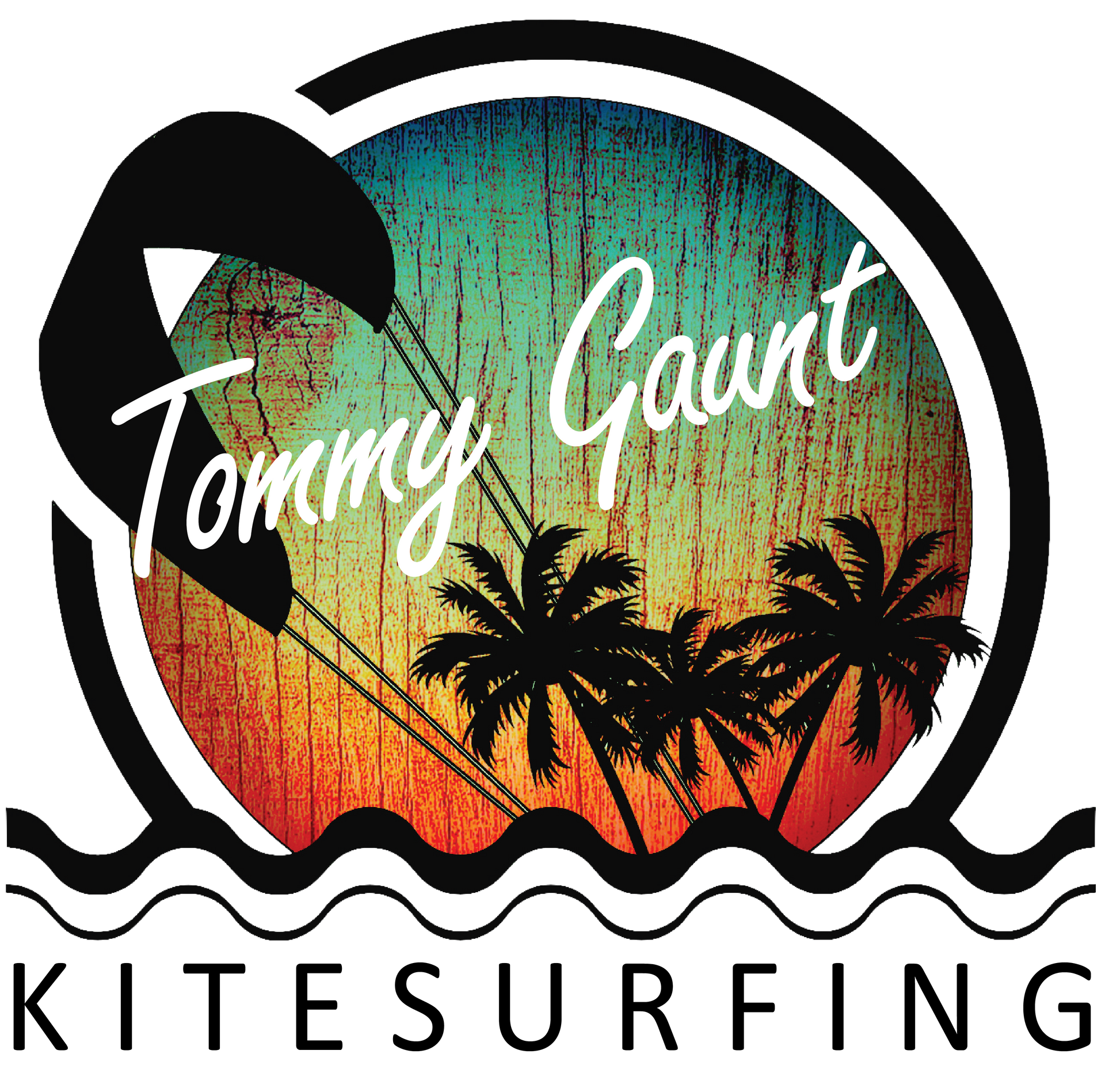 Logo: Black kite shape, palm trees, sunset background,