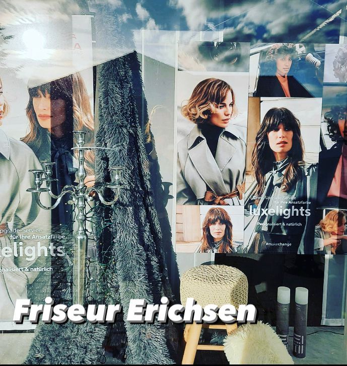 En vinduesudstilling for friseur Erichsen med en collage af kvinder