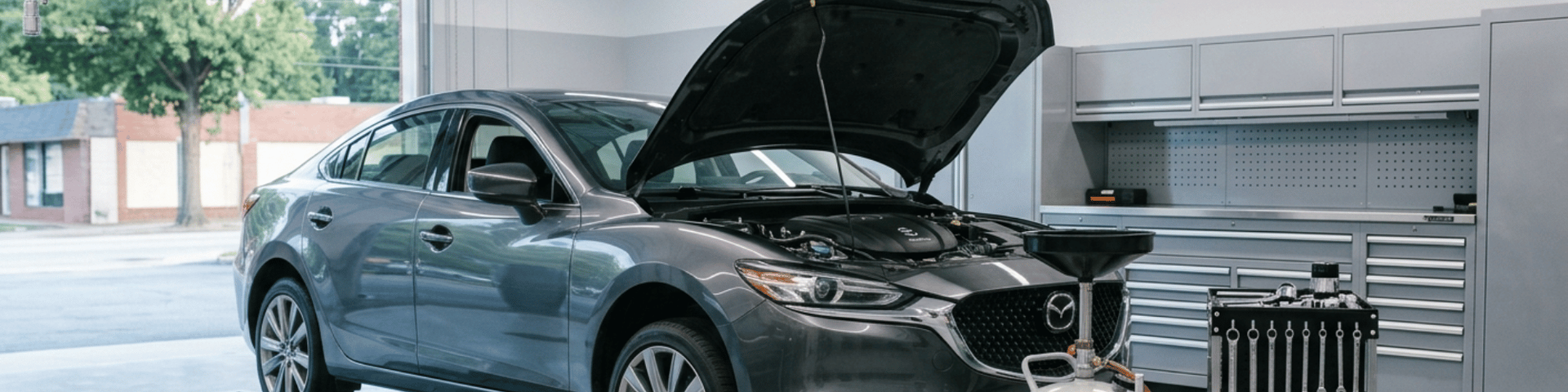 Gray Mazda sedan inside a professional auto repair shop with the hood open