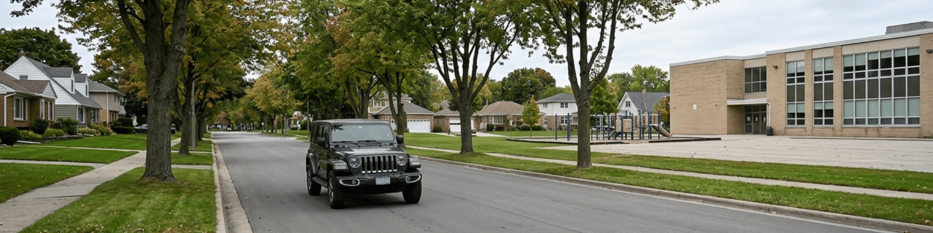 Black Jeep Wrangler driving along a tree-lined neighborhood street near a school