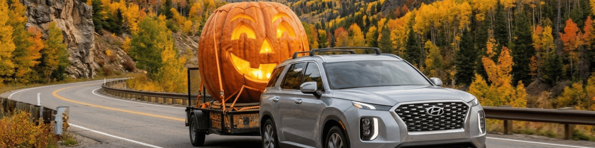 Silver Hyundai Palisade towing a giant glowing jack-o'-lantern along a scenic Colorado mountain road