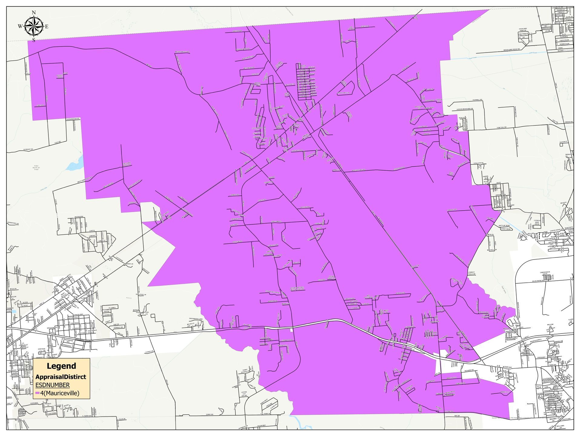 Purple shaded map overlay on a street map, highlighting a large irregular area with roads and labels representing Orange County ESD 4 coverage