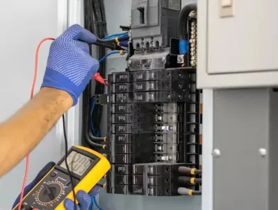 OE Services LLC - A person is using a multimeter to test an electrical box.