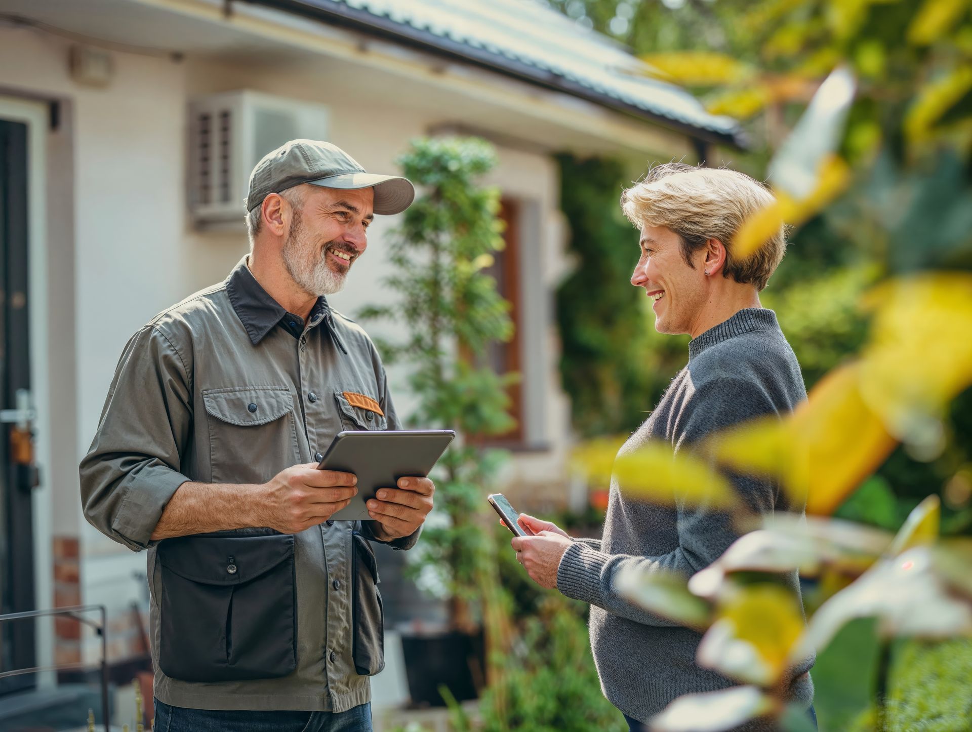Man in uniform with tablet, smiling at woman holding phone outside a house.