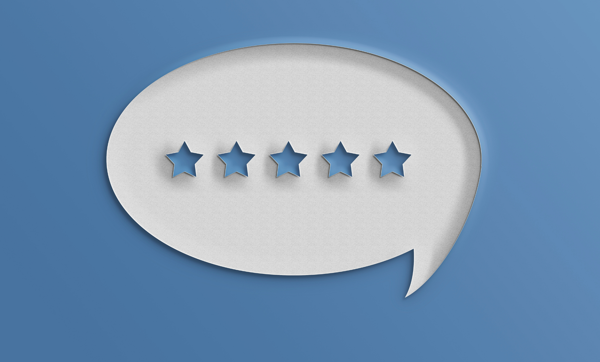 White speech bubble with five-star rating on a blue background, indicating excellent feedback.