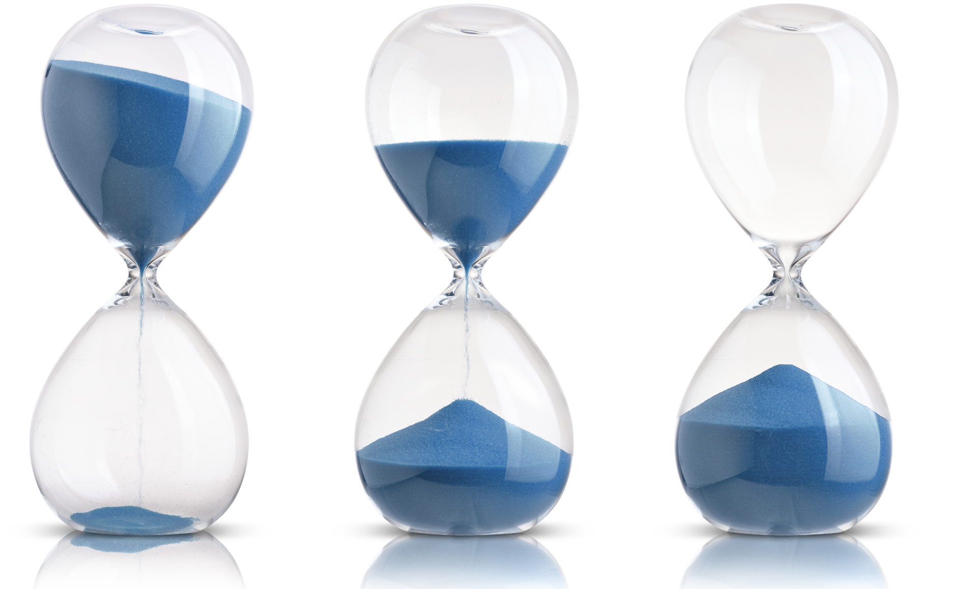 Three hourglasses filled with blue sand showing the passage of time.