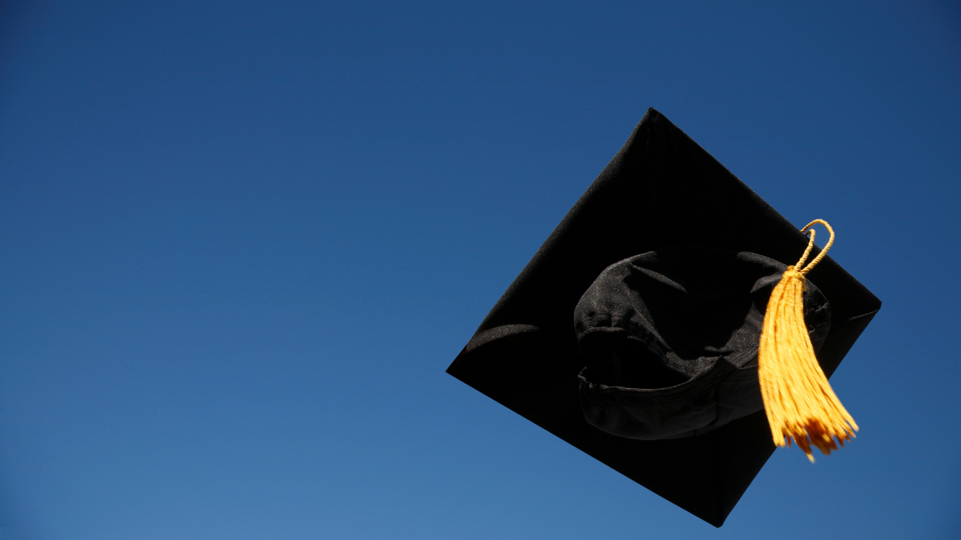 Black graduation cap with gold tassel against a clear blue sky