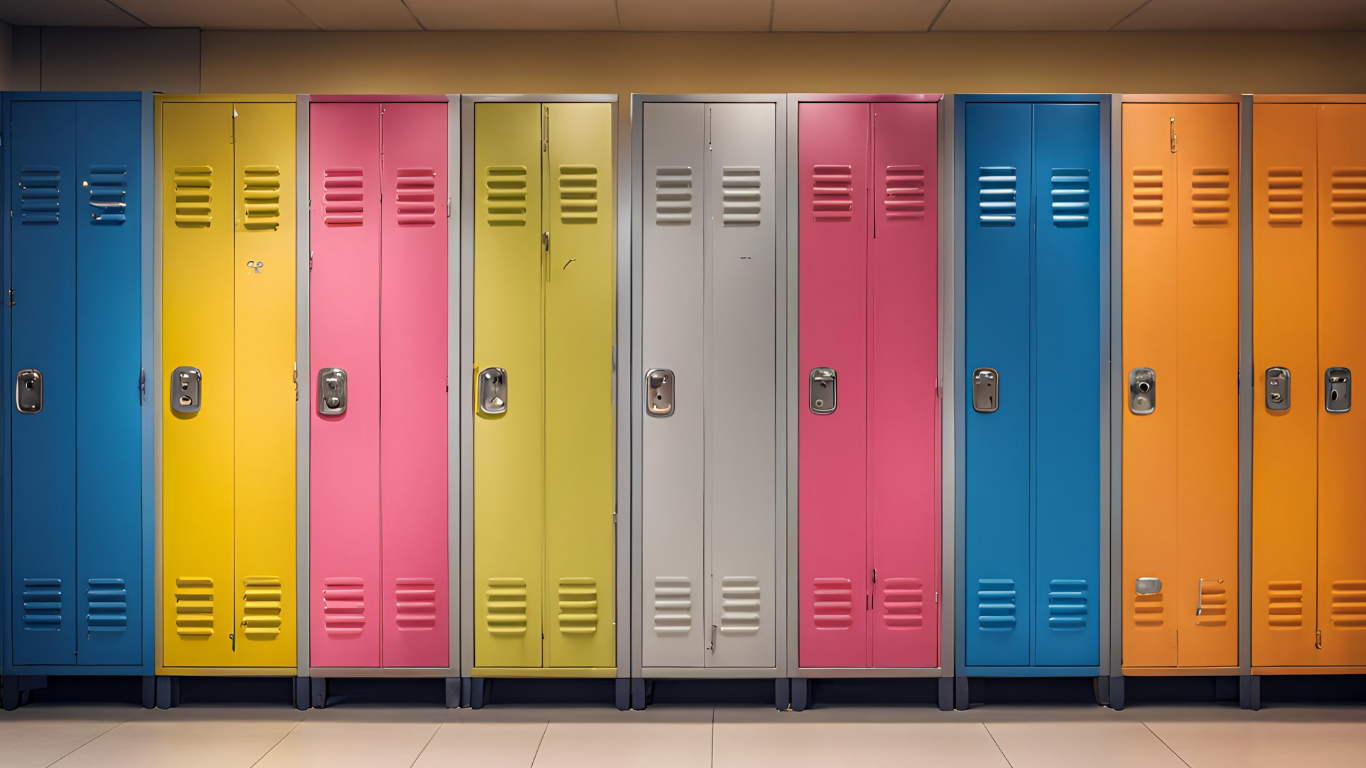 Row of colorful school lockers in blue, yellow, pink, gray, and orange.