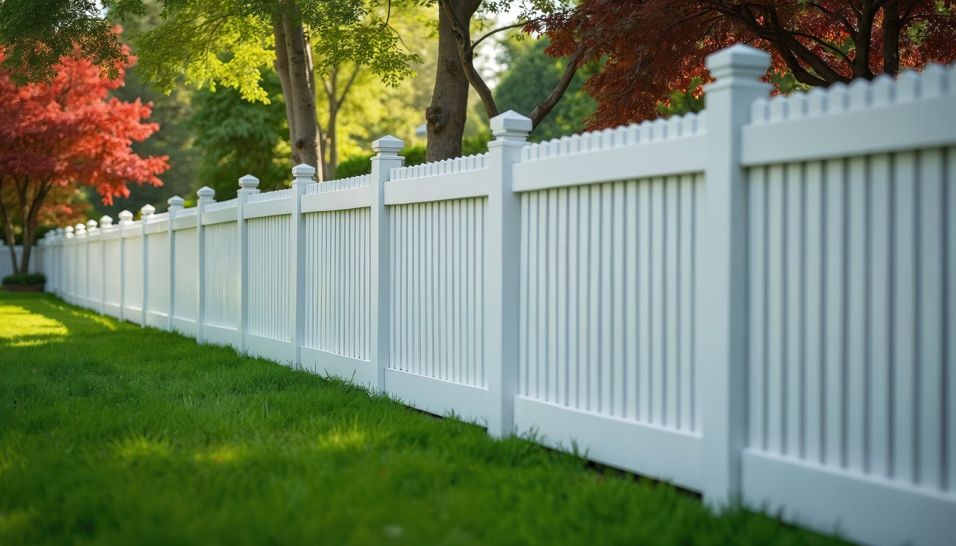 Vinyl fence installation completed along residential lawn with durable white privacy fencing. Vinyl fence installation completed along residential lawn with durable white privacy fencing.