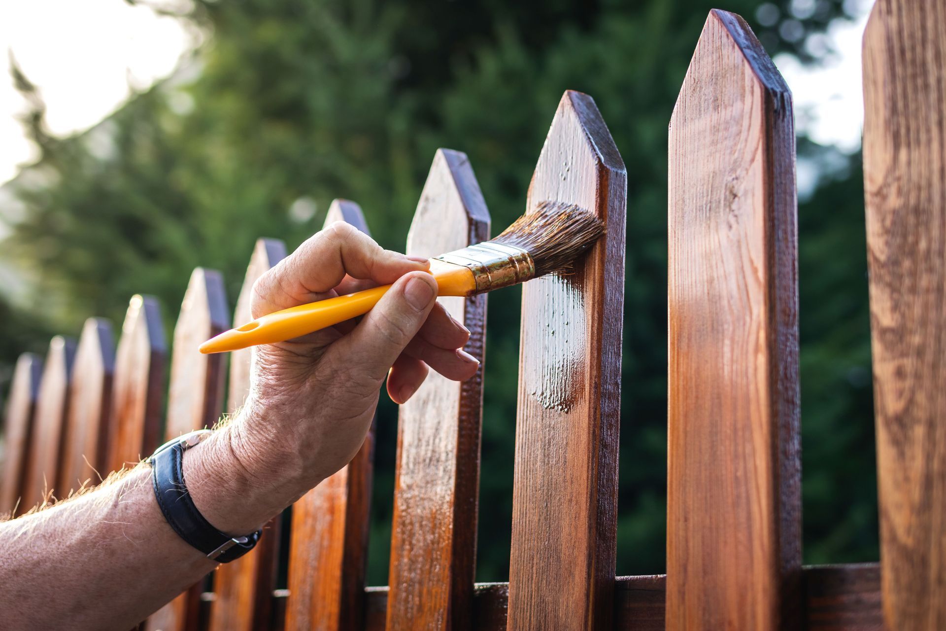Hand applying wood stain to a wooden fence with a paintbrush. Hand applying wood stain to a wooden fence with a paintbrush.