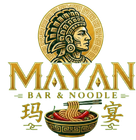 Mayan Bar & Noodle logo with gold Mayan headdress, noodle bowl, and Chinese characters on white background