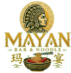 Mayan Bar & Noodle logo with gold Mayan headdress, noodle bowl, and Chinese characters on white background