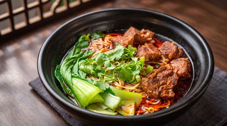 Black bowl of braised beef noodles topped with cilantro and leafy greens, on a wooden table