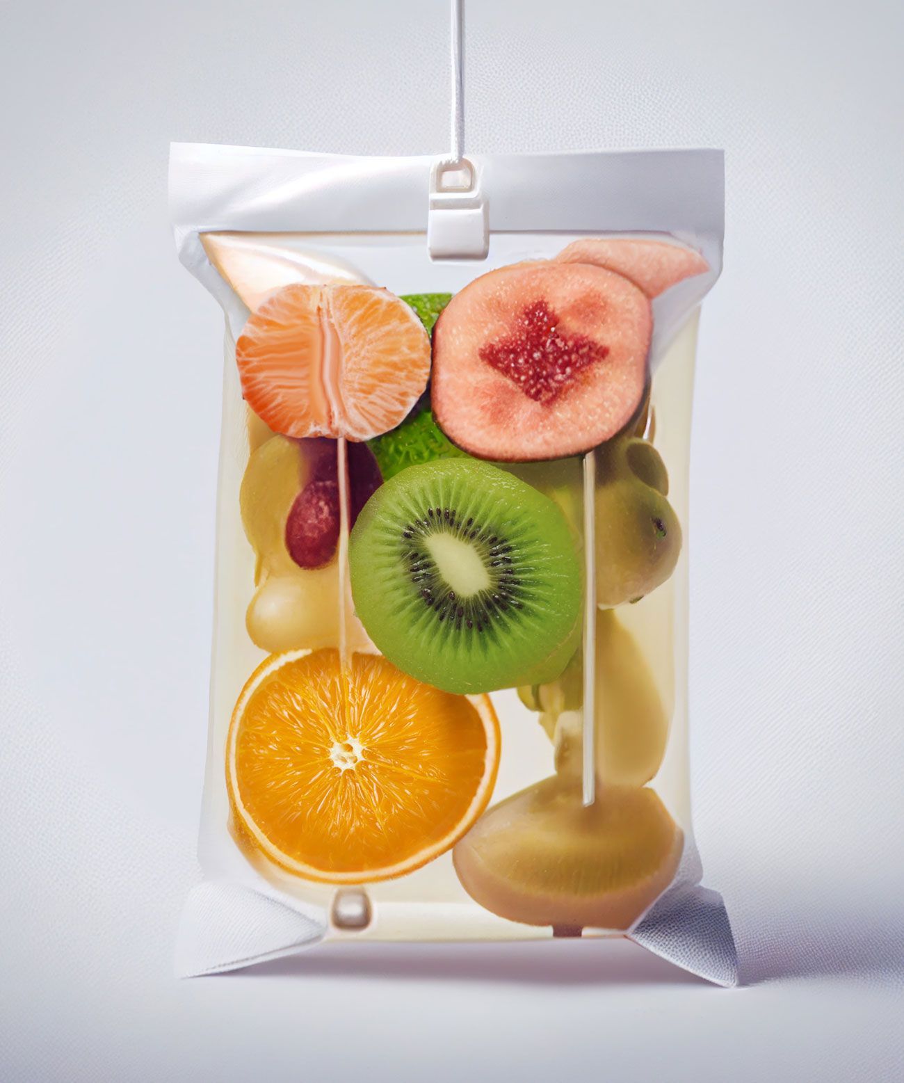 A bag of fruit is hanging from a string.