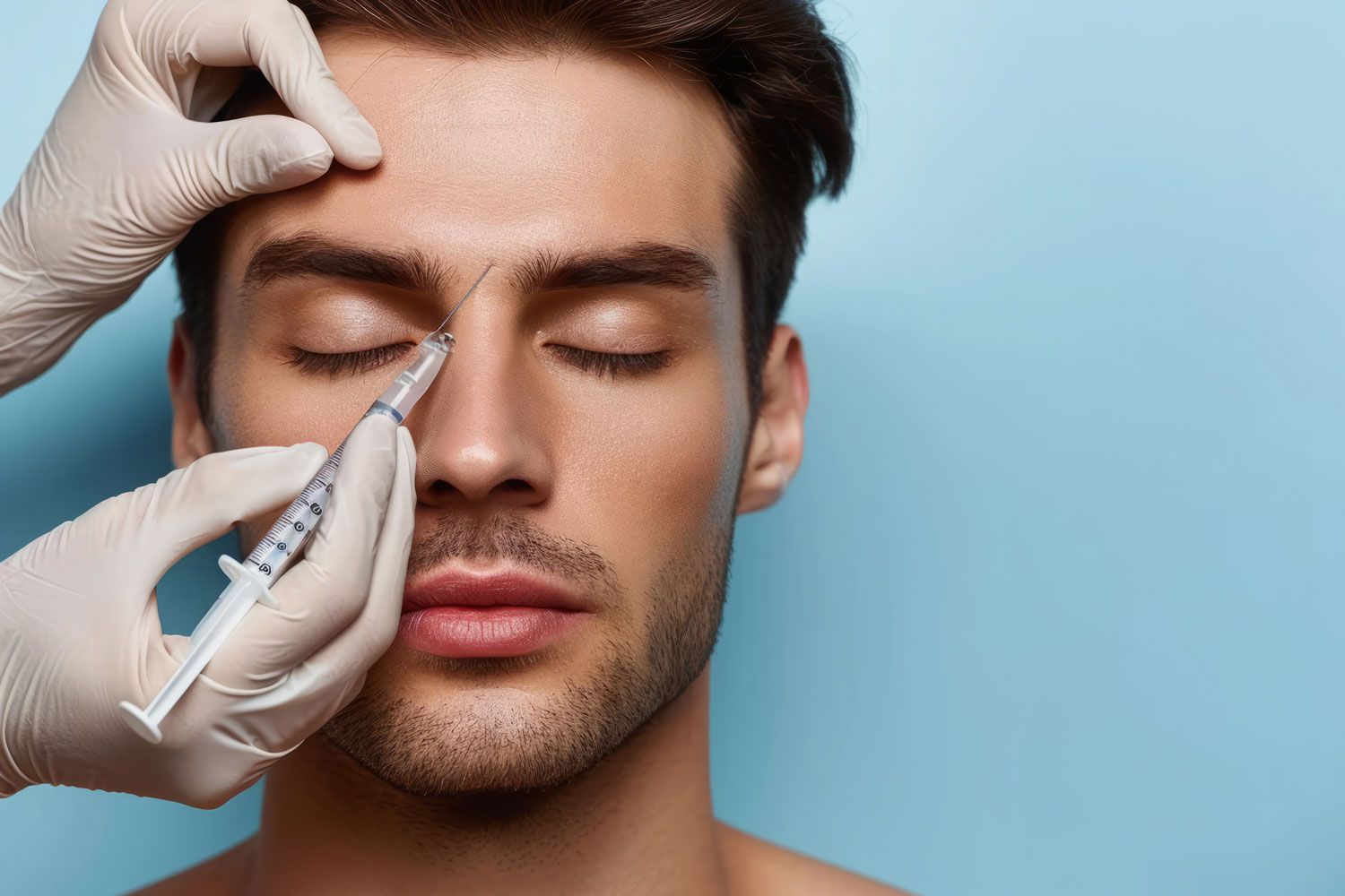 A man is getting a botox injection in his forehead.