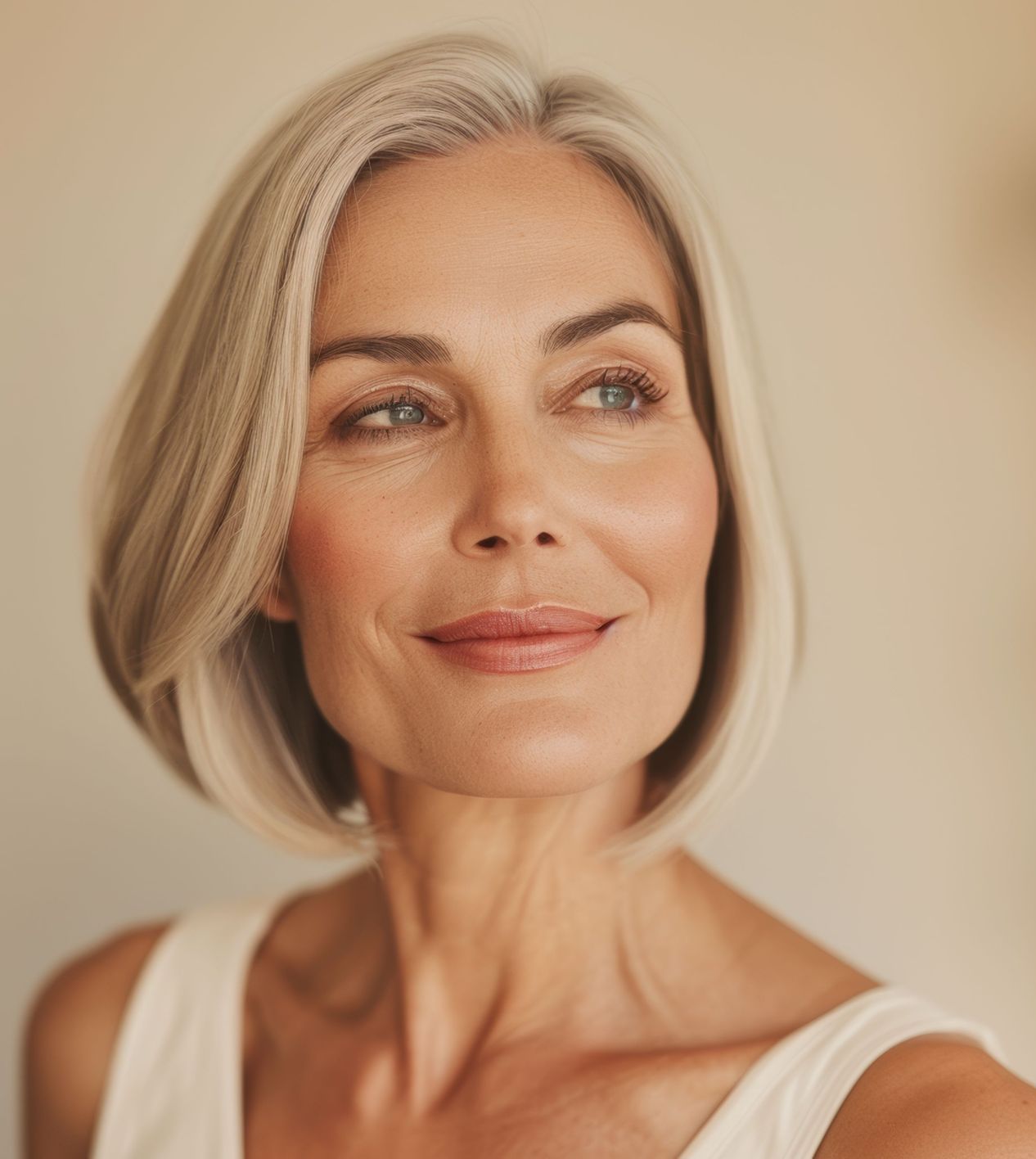 A close up of a woman's face with flowers in the background.