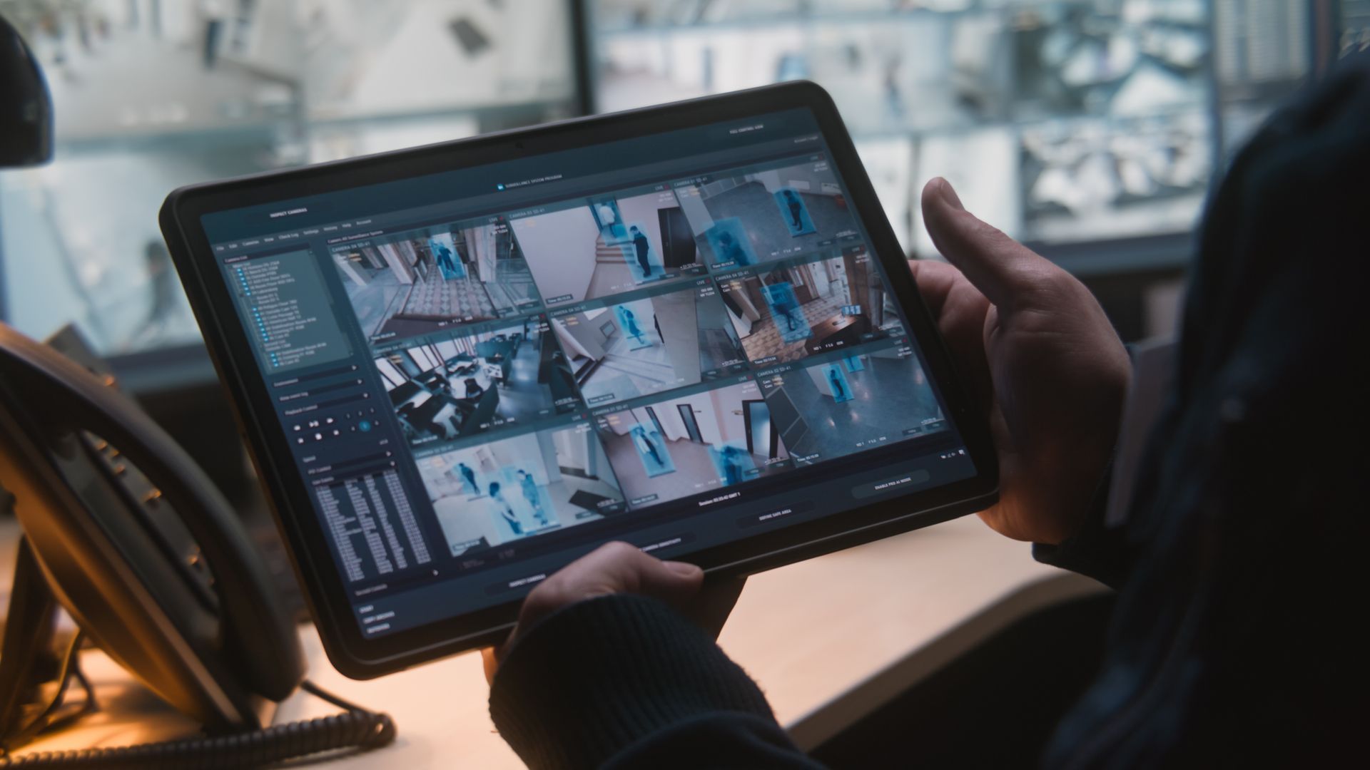 Male security officer controls CCTV cameras in office.