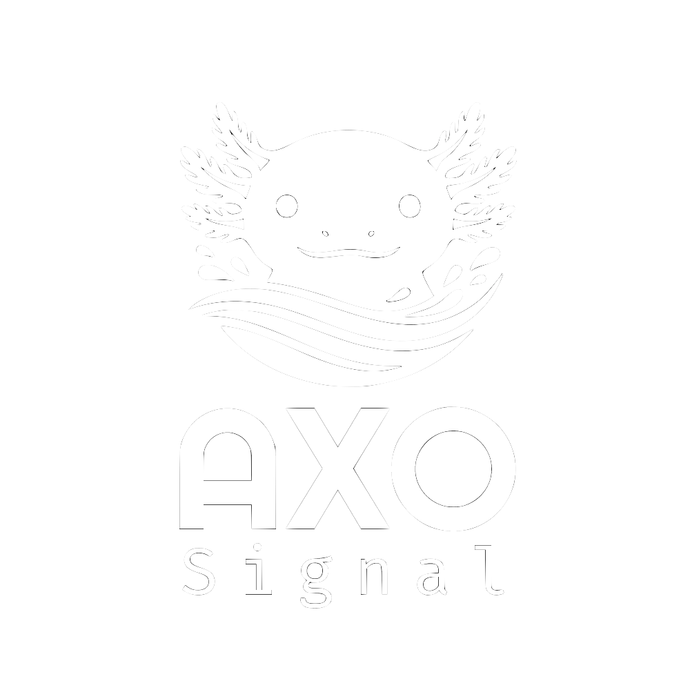 Embossed AXO Signal logo with a simple cartoon animal face above the text on a white background