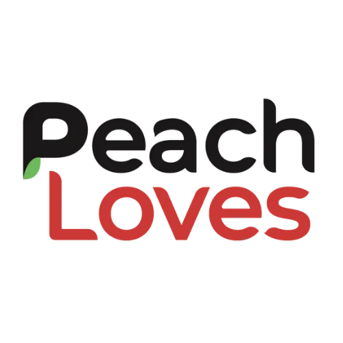 Peach Loves logo with black and red text and a small green leaf accent