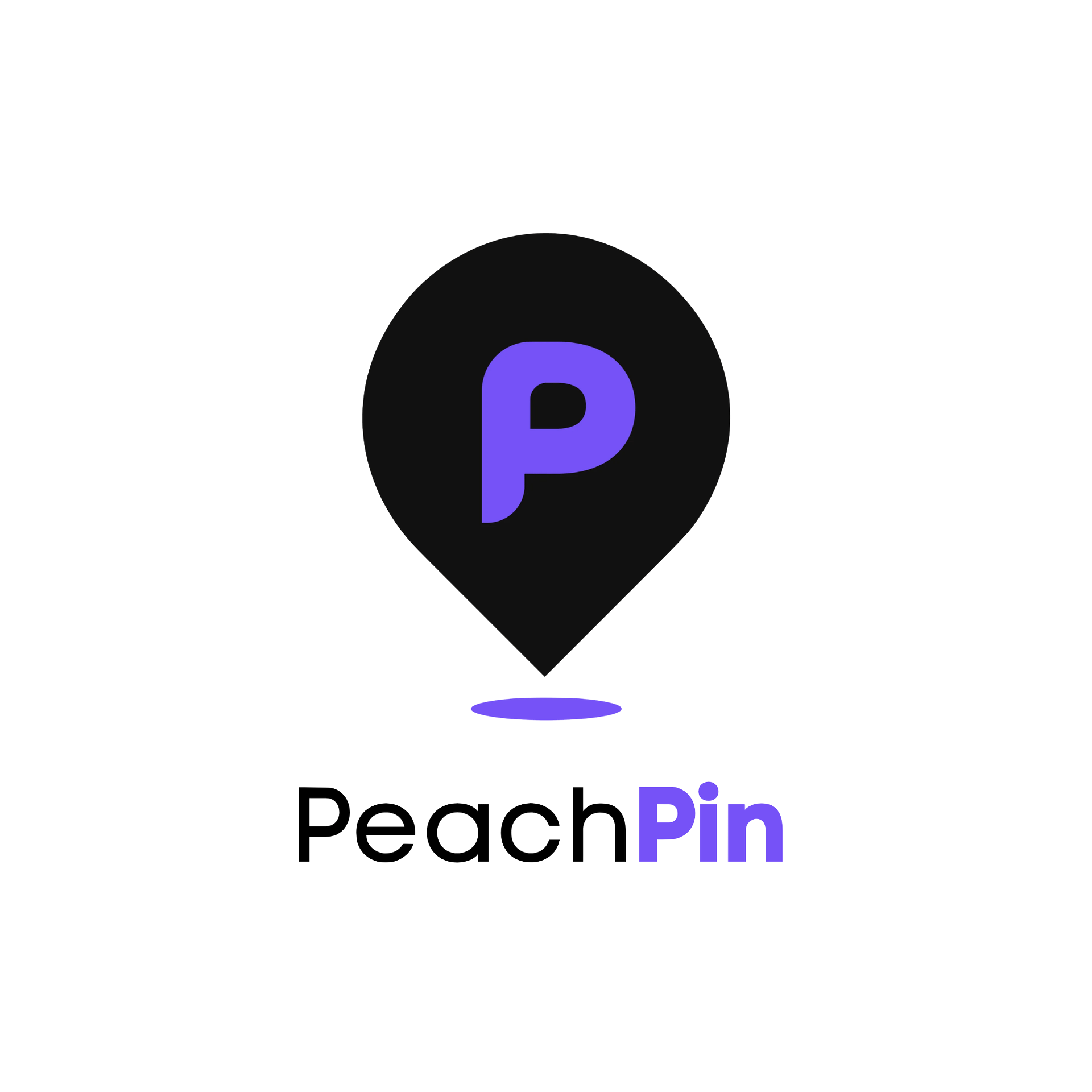 PeachPin logo: black map pin with purple “P” above the name in black and purple text
