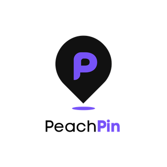 PeachPin logo with black map pin and purple “P” above the wordmark on a white background
