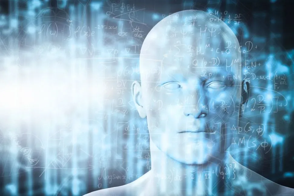 An image of a man 's head with mathematical equations.