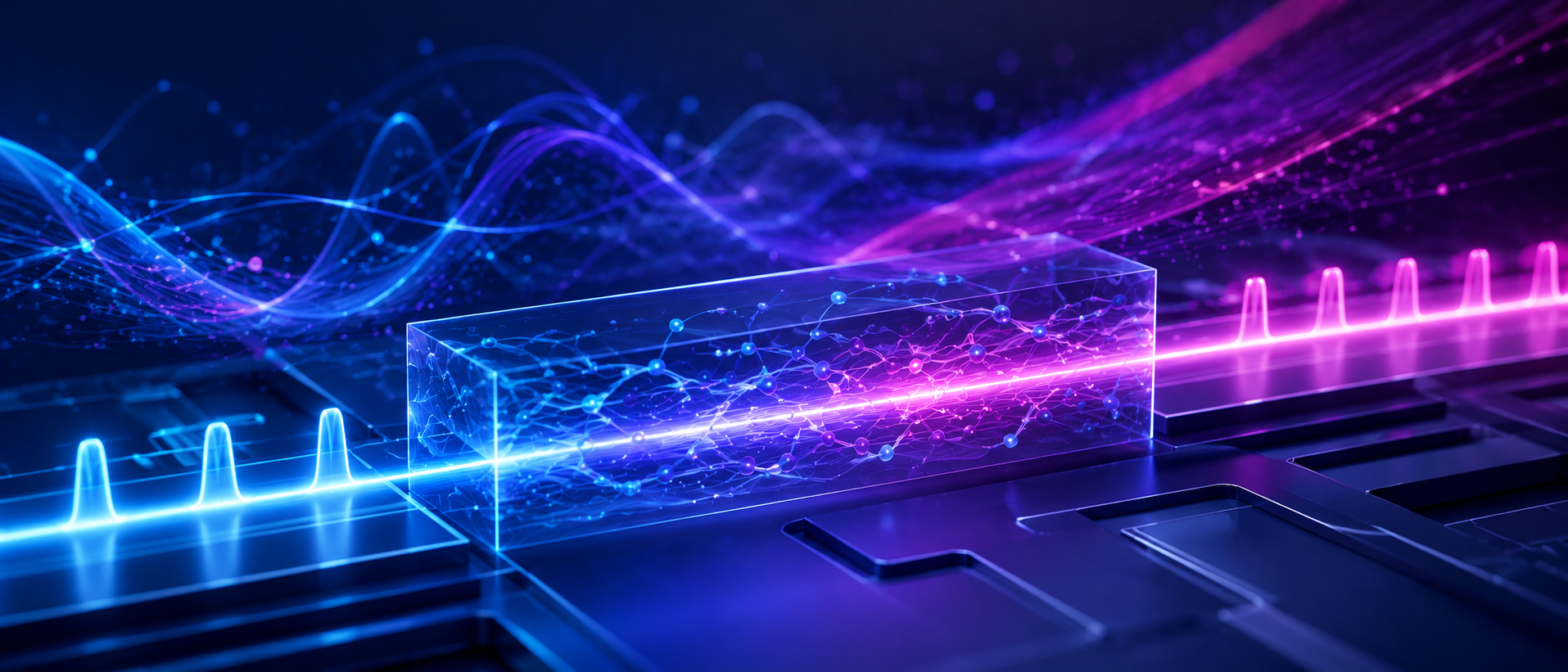 Glowing blue and purple digital waves streaming across a futuristic circuit board